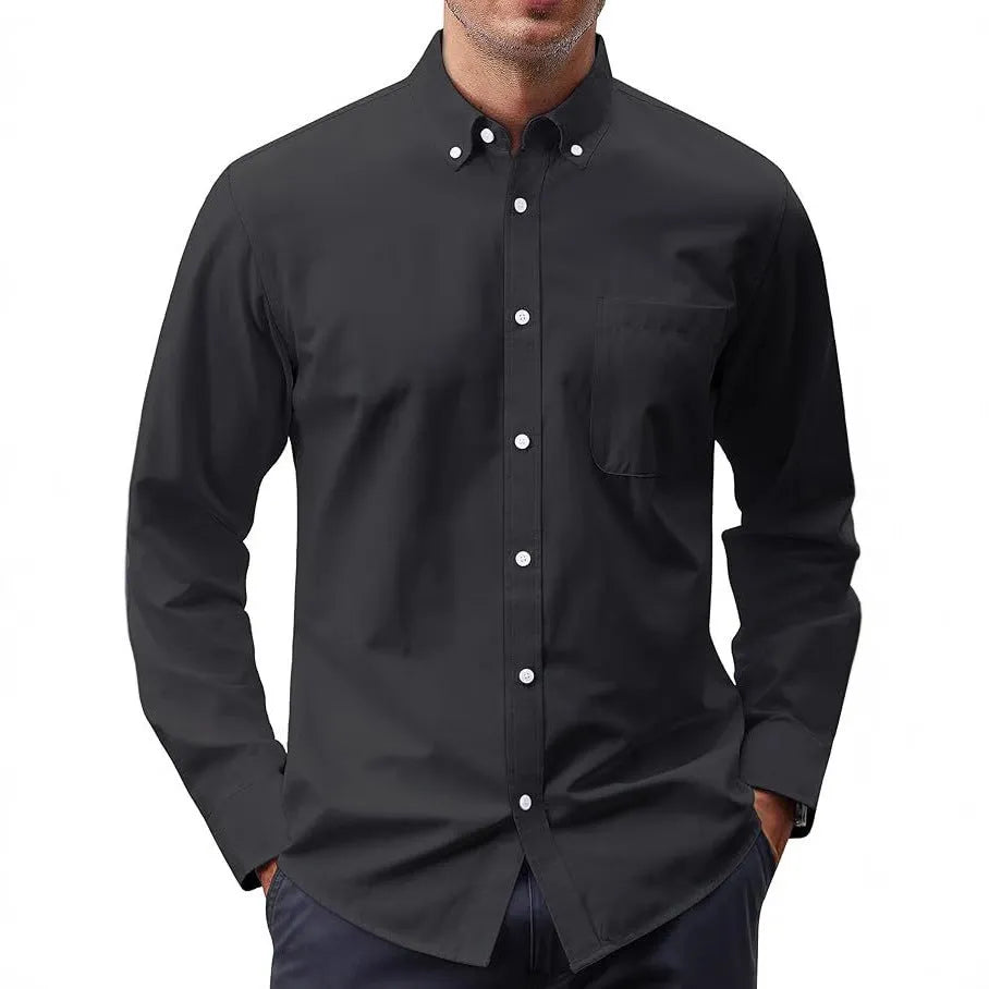 Cotton blend Oxford long sleeve button shirt in cardigan style