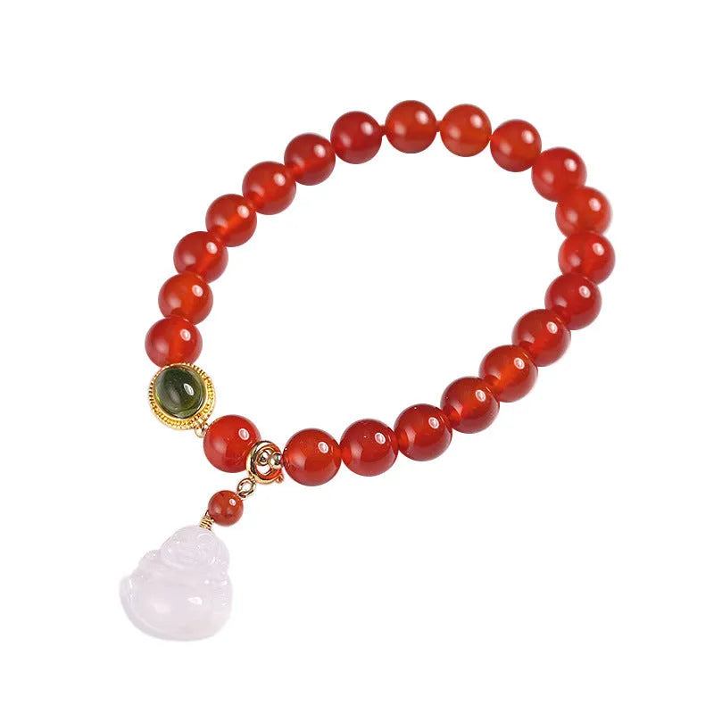Red agate and amber bracelet with geometric Chinese design and Maitreya Buddha charm