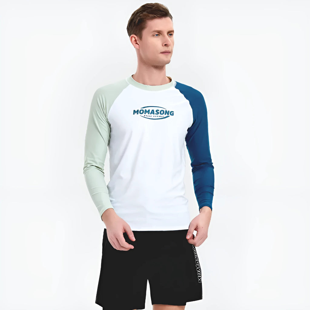 White long-sleeved swim top with matching double layer beach trunks for men