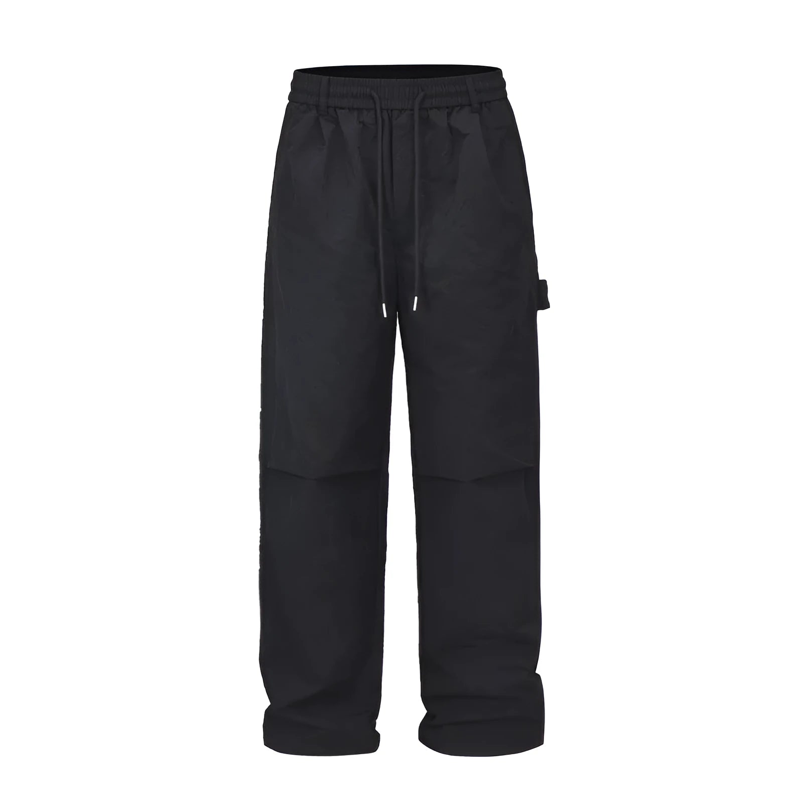 Men's black baggy paratrooper pants with a drawstring waist on a neutral background.