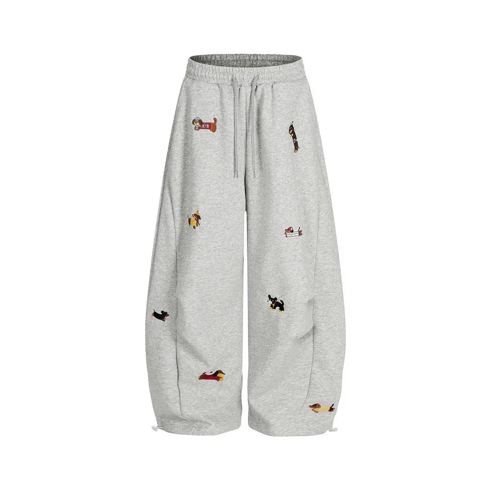 Lazy sausage dog embroidered machete sweatpants in gray, loose-fit polyester autumn casual trousers