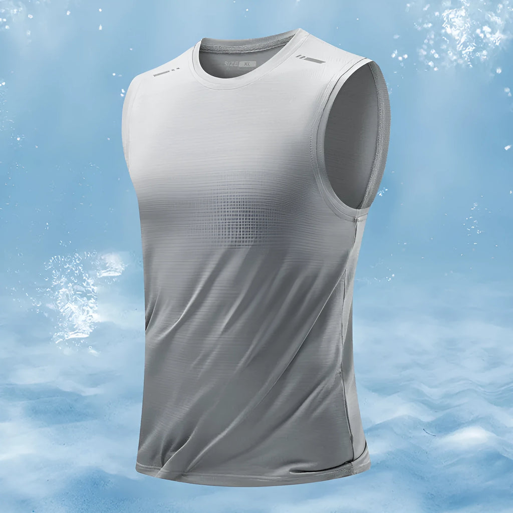 Men's loose fit sleeveless waistcoat in bamboo fibre fabric, showing straight hem design.