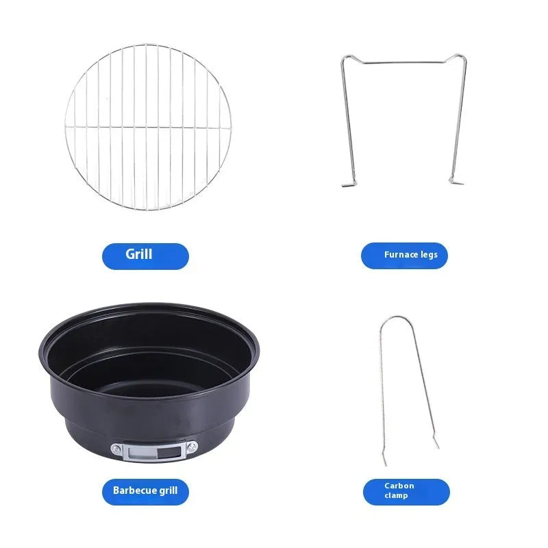 Small folding round ice stove with mesh, legs, grill, and clip for camping
