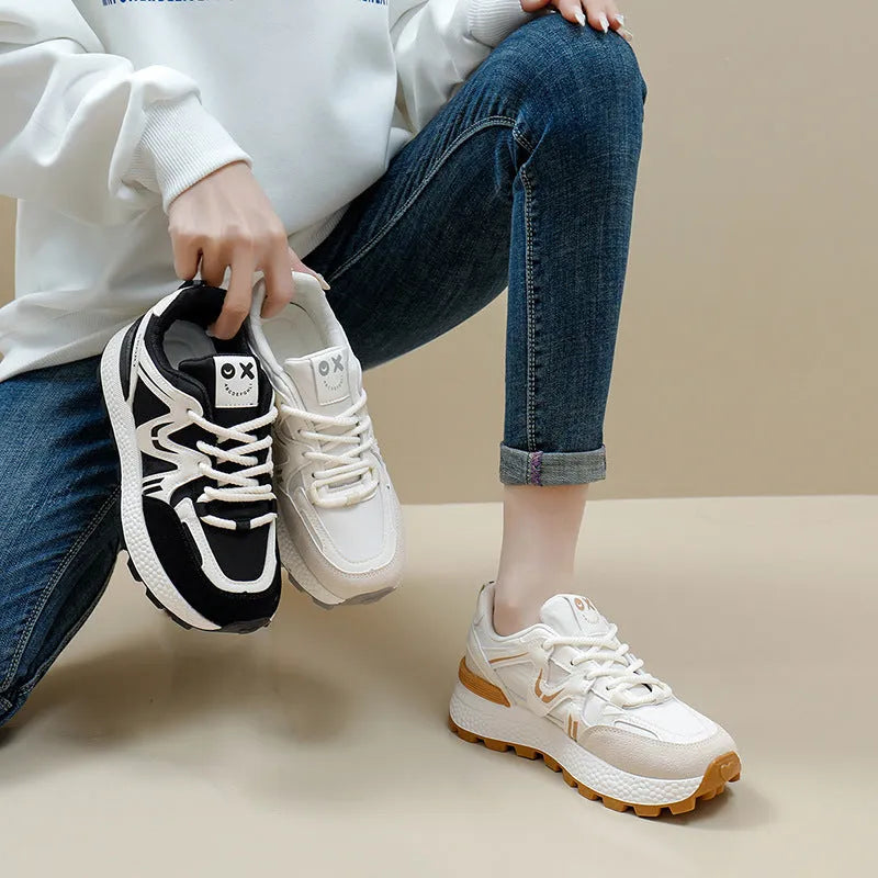 Women's flat platform casual shoes in artificial PU with front laces and a round toe.