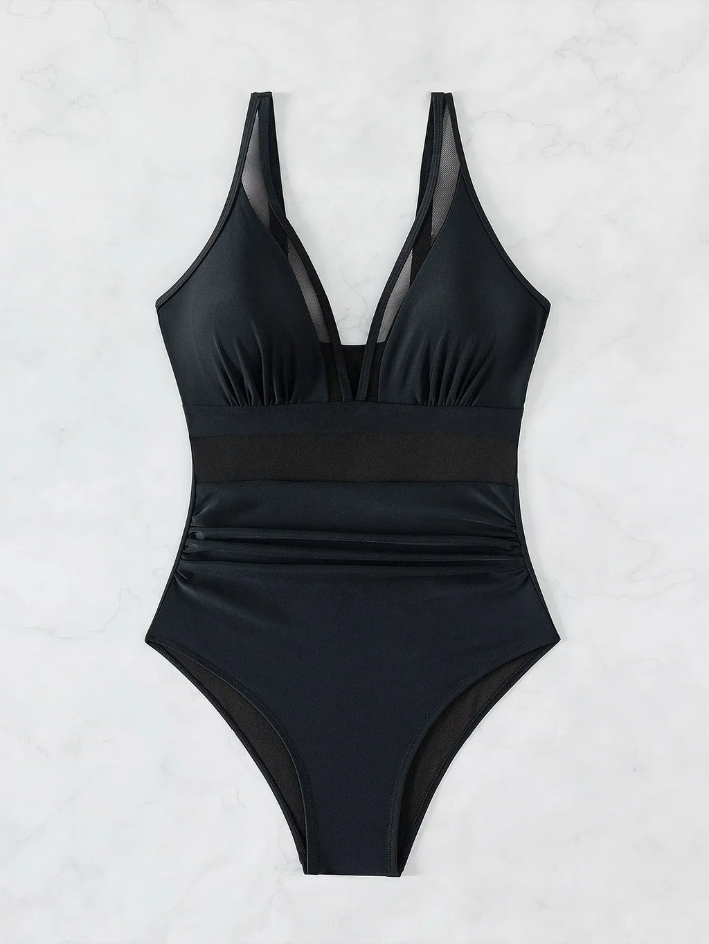 Black women's halter bikini one-piece swimsuit with mesh detailing and briefs style.
