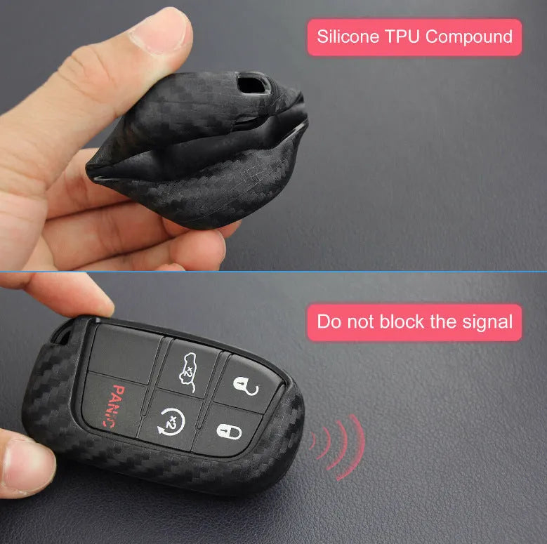 Silicone rubber protective case for Dodge Chrysler Fiat car keys with carbon fibre pattern.