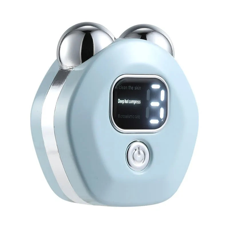 Portable white microcurrent facial massage instrument with dual rollers and charging cable