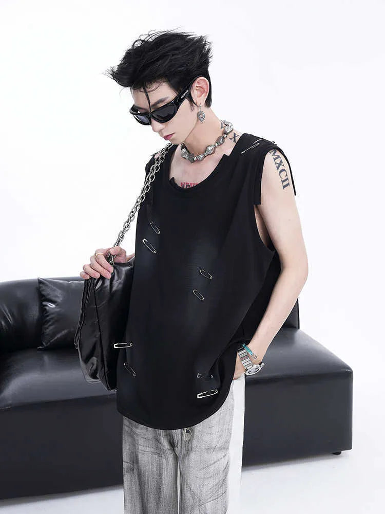 Men's black and white ripped vest with irregular cut sleeveless t-shirt round neck