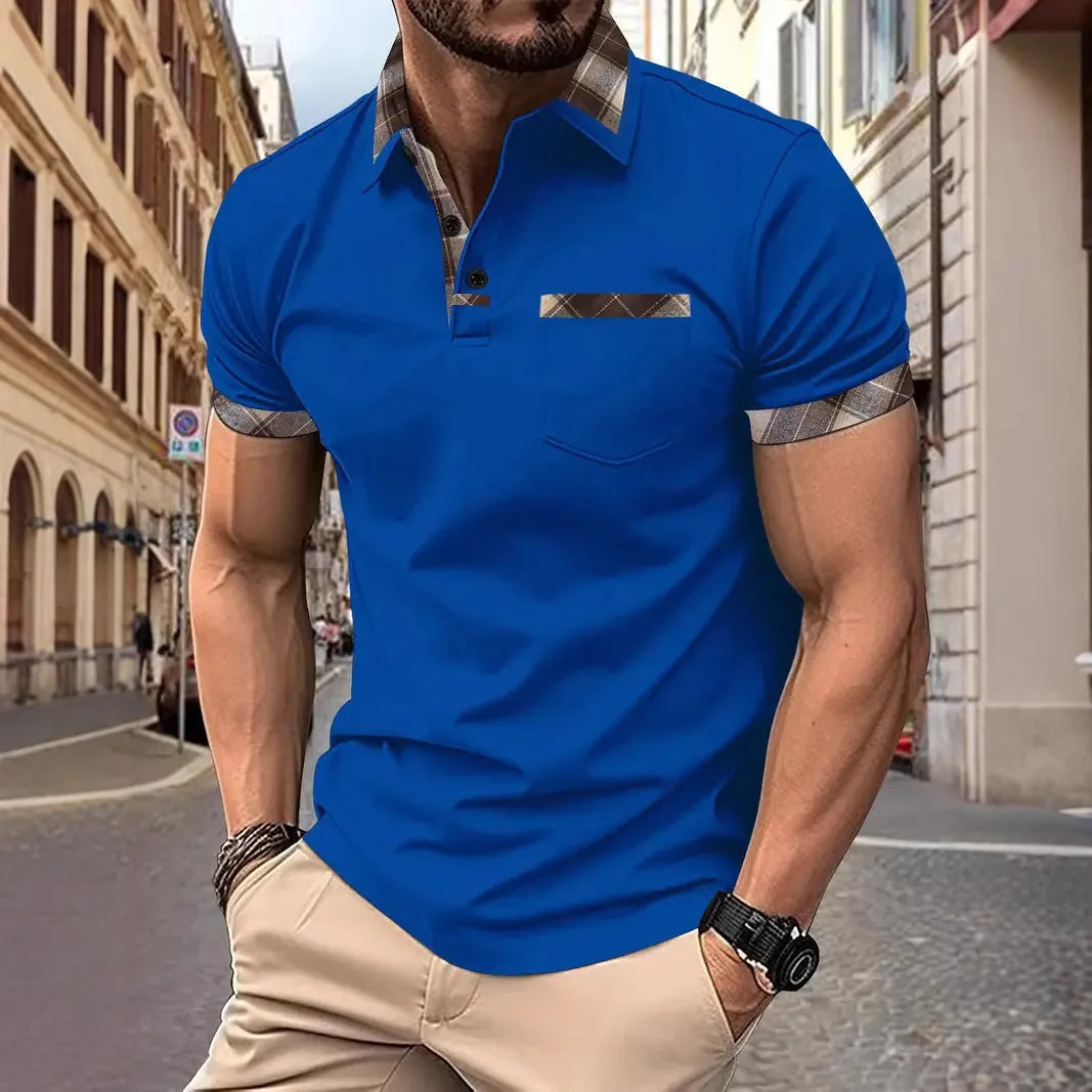 Men's plaid colourblock t-shirt with short sleeves and loose fitting cut