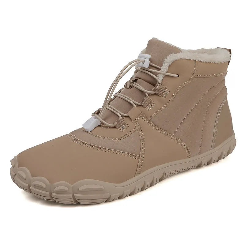 Pair of front lace-up snow boots with round toe, showing black umbrella cloth upper and rubber sole.