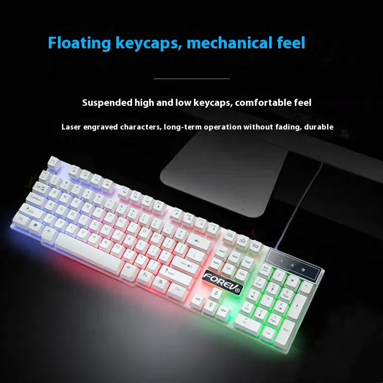 Wired keyboard with six-colour backlit luminous characters on black ABS frame, full-size layout with numeric keypad