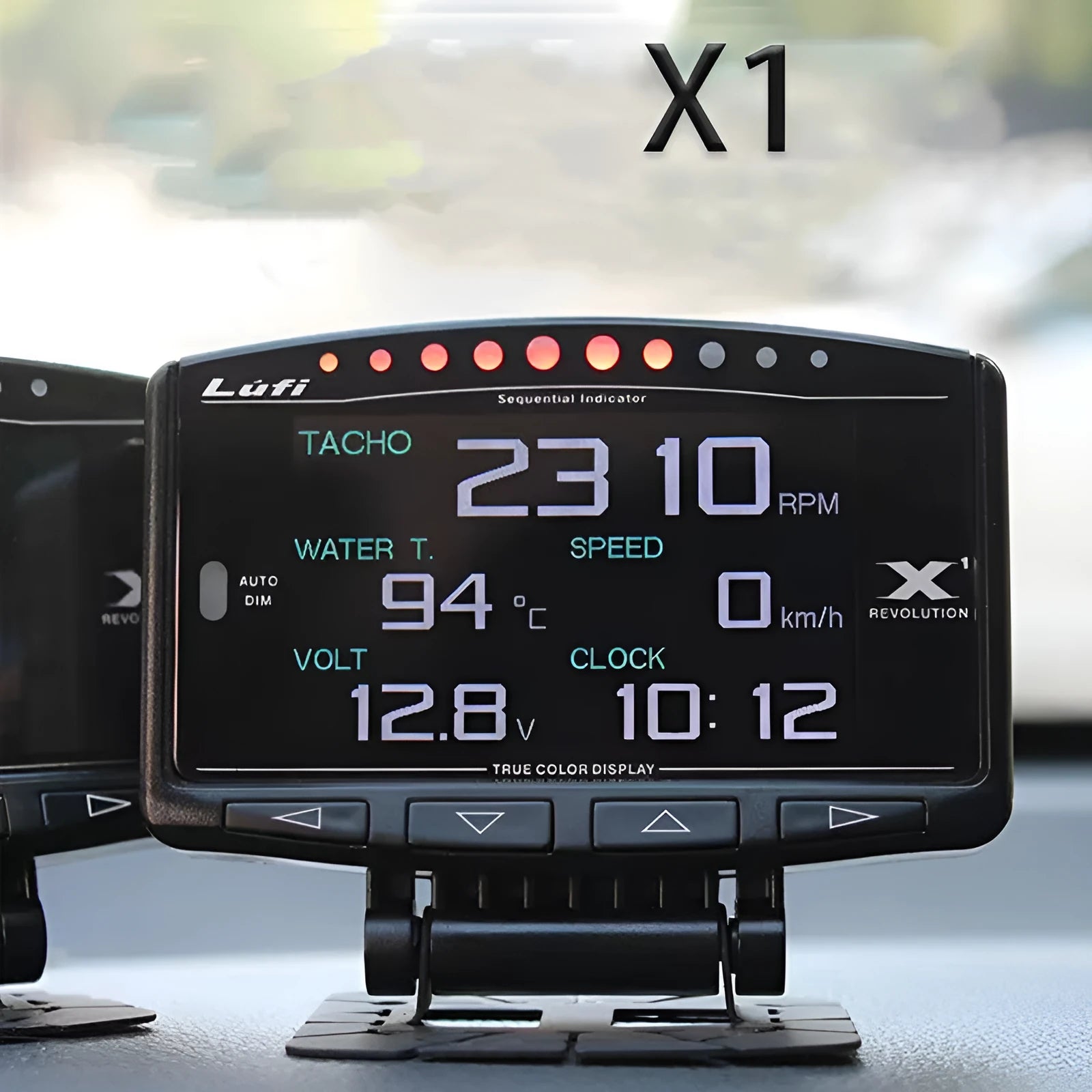 X1 Automotive OBD diagnostic instrument with LED display and metal casing.