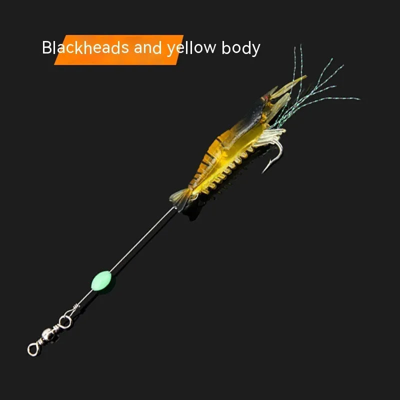 Pack of six soft fishing lures with hooks in various colours including luminous pink and black head yellow body.