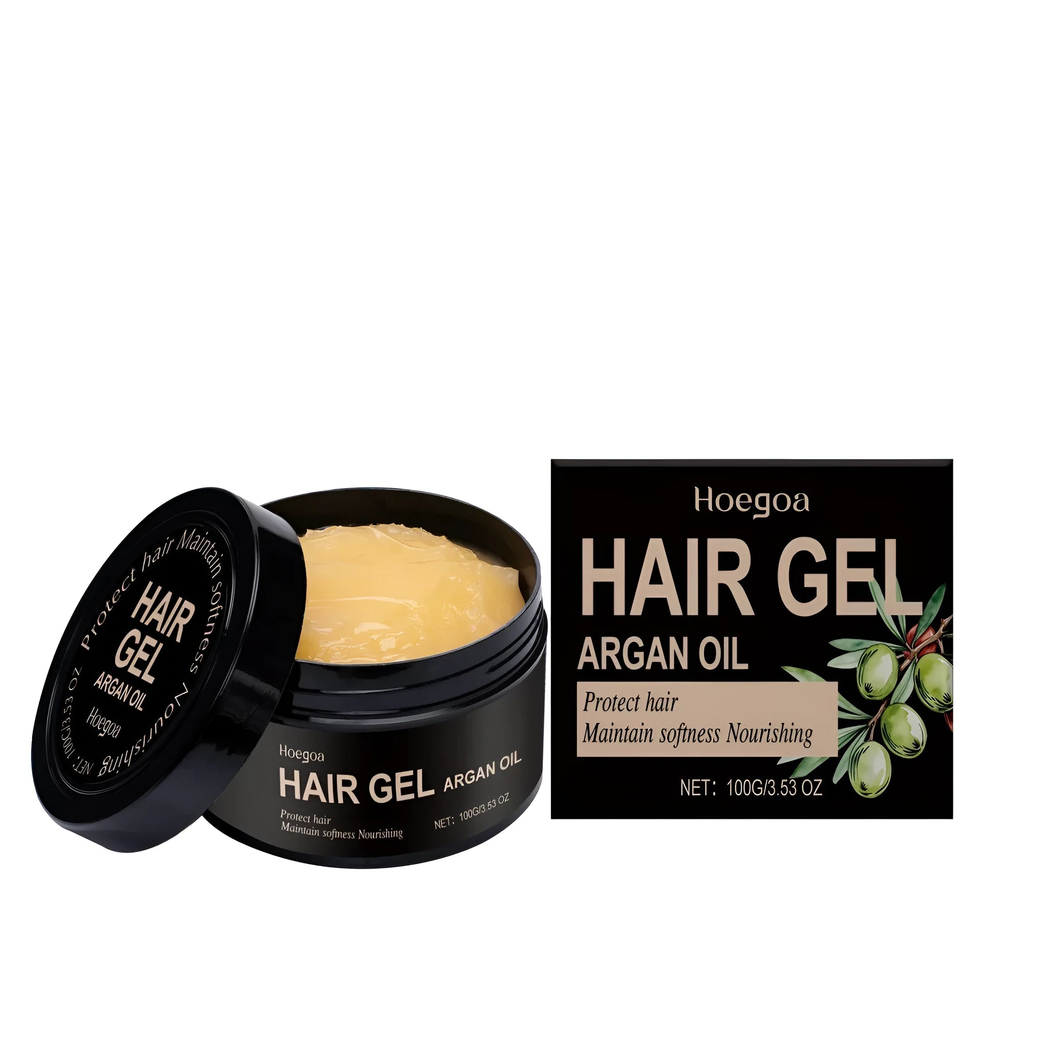 Bottle of Moroccan Nut Oil Setting Gel 100ml with hyaluronic acid and vitamin E for hair styling