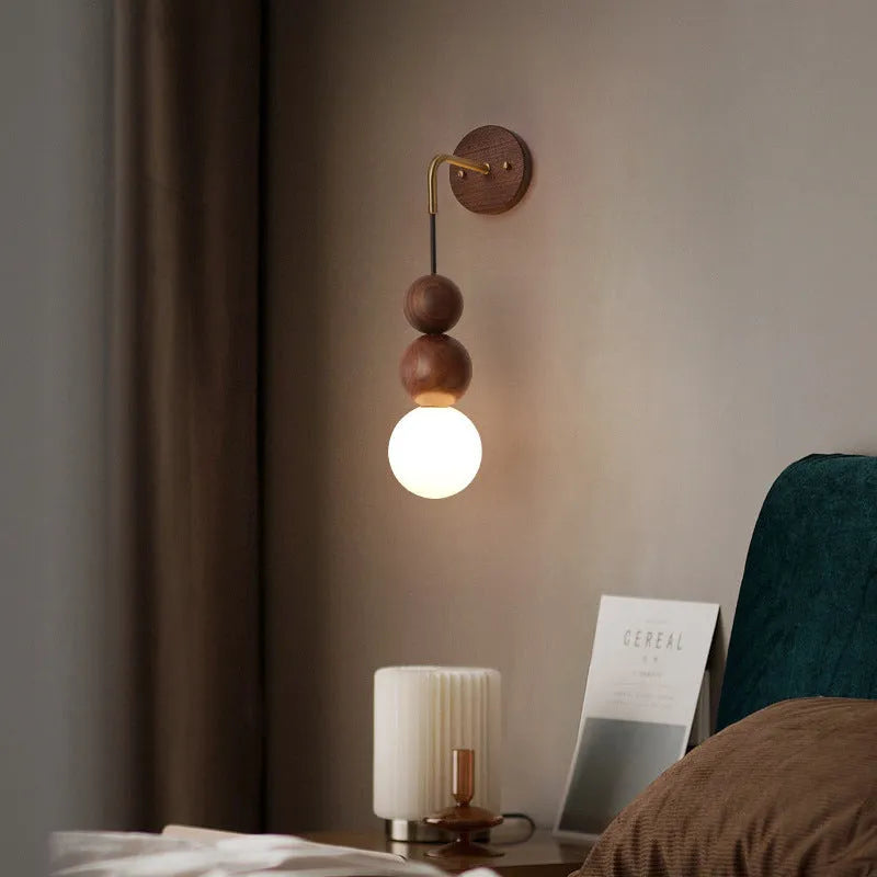 Wood and copper wall lamp with tricolour lighting, 10cm diameter by 50cm height