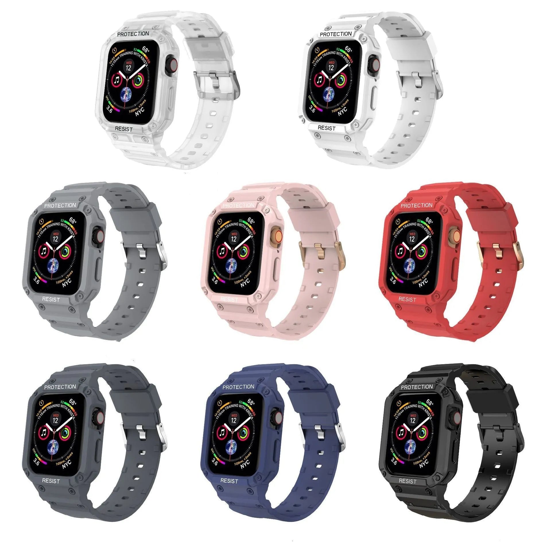 Soft TPU Apple Watch sport strap in multiple colours on a white background, showing 38mm and 42mm size options.