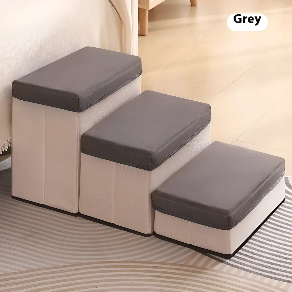 Foldable third-level pet stairs steps in brown cloth with non-slip surface for indoor dog use