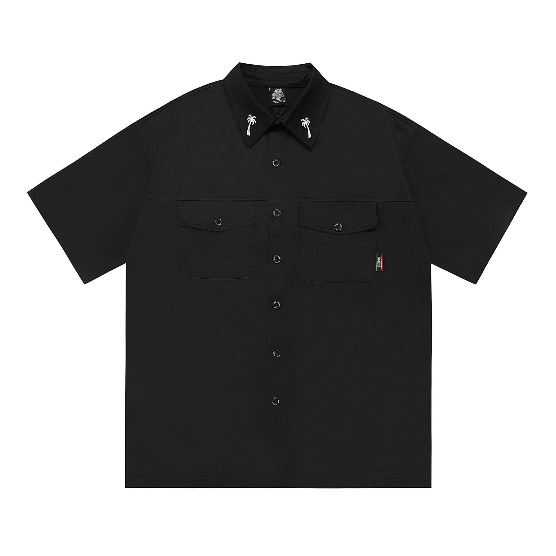 Men's black cotton blend loose fit shirt with half sleeves and embroidered detail.
