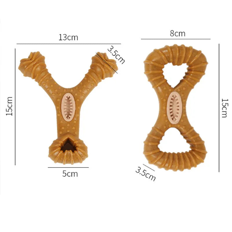 Durable dog chew bone toy for teeth cleaning, shown in 8-shape and Y-shape options.