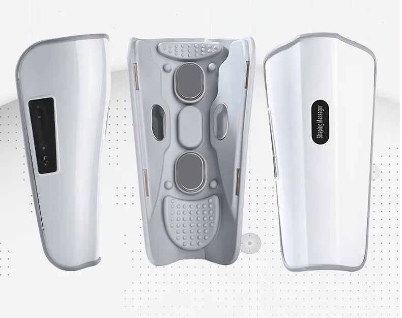 White plastic leg and calf massager device with a mechanical control panel and a USB Type-C charging port.