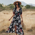 Yellow floral print women's summer dress with V-neck, short sleeves, and elasticated waist.
