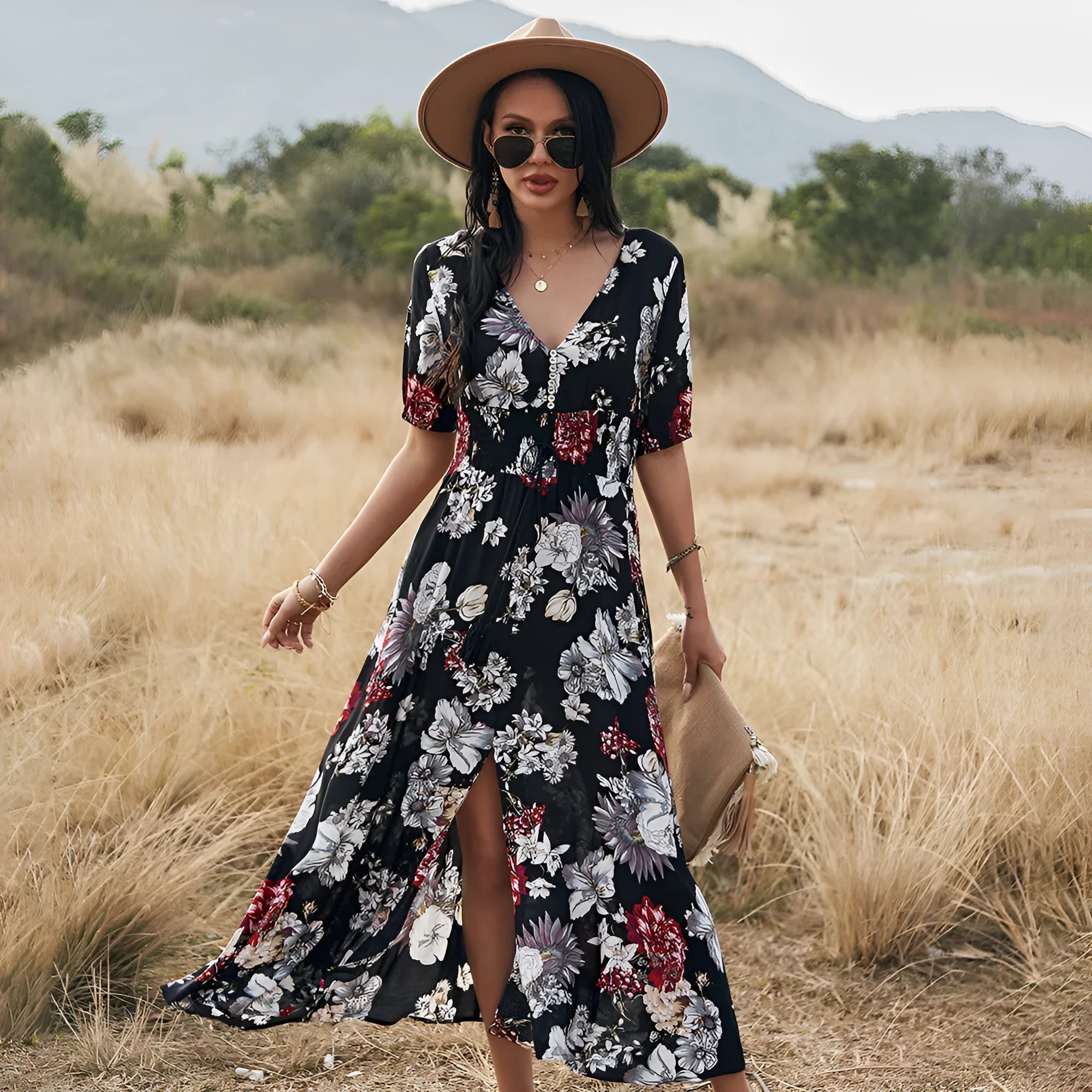 Yellow floral print women's summer dress with V-neck, short sleeves, and elasticated waist.