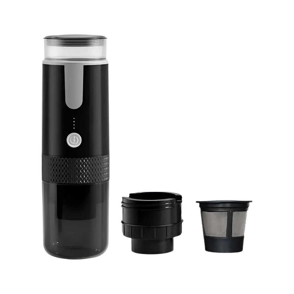 Black portable wireless coffee machine for use in cars and outdoors with K-Cup capsules.