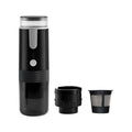 Black portable wireless coffee machine for use in cars and outdoors with K-Cup capsules.