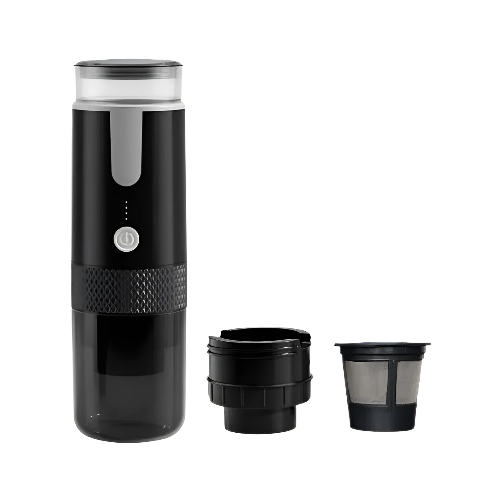 Black portable wireless coffee machine for use in cars and outdoors with K-Cup capsules.