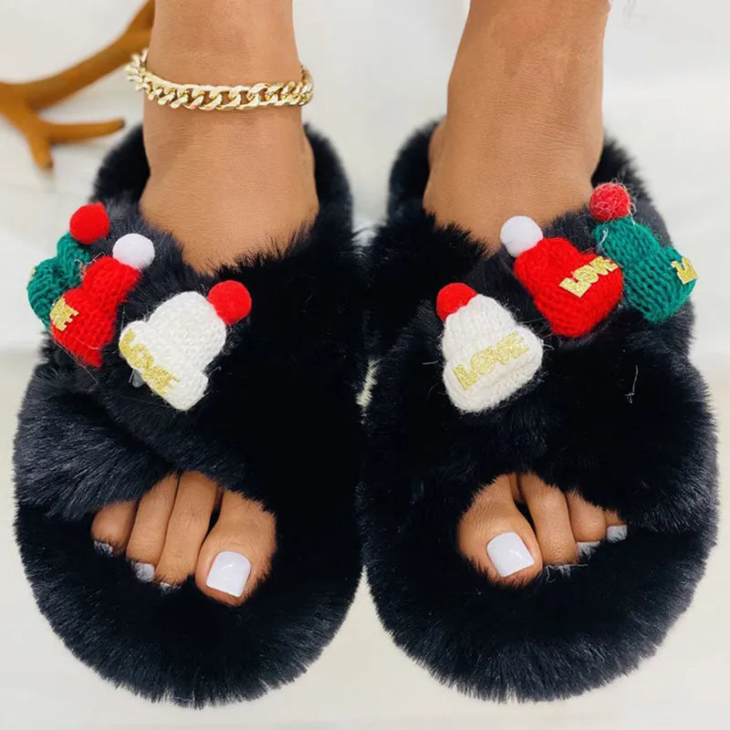 Women's Christmas slippers with red Santa hat decoration on a super hairy faux plush upper.