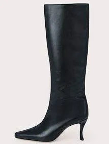 Women's black square toe cowboy ankle boots made from microfiber, shown from the side.