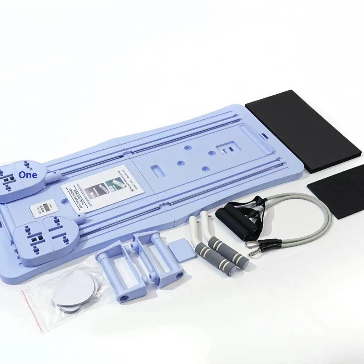 Foldable purple PP plastic belly panel fitness board for abdominal exercises on a home floor.