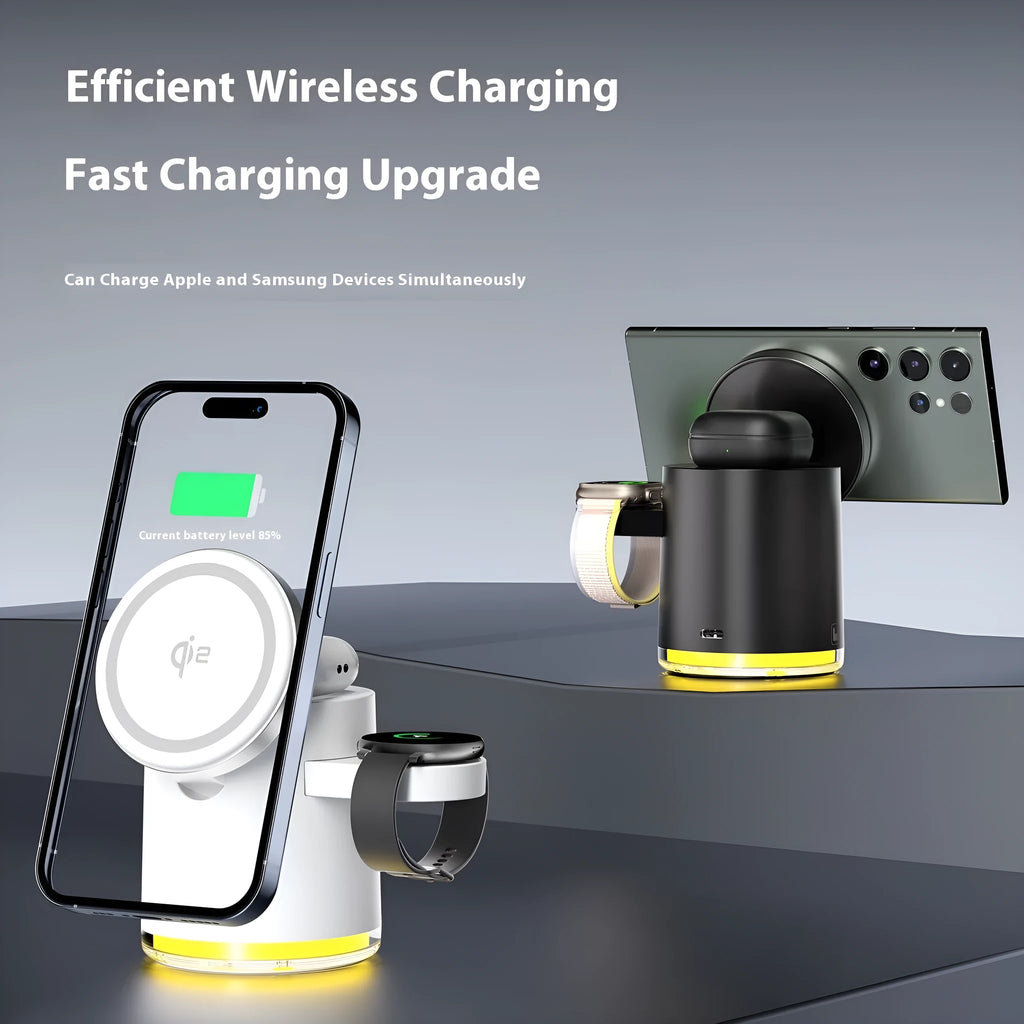 C16 multifunctional wireless charger in ivory white with folding design showing three magnetic charging areas for phone, watch, and earphones