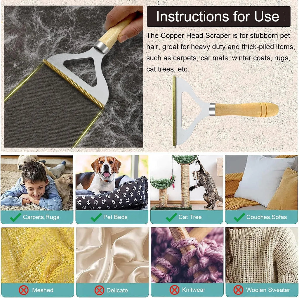 Three-piece pet hair remover set showing metal scraper, silicone brush, and round cleaner for household surfaces