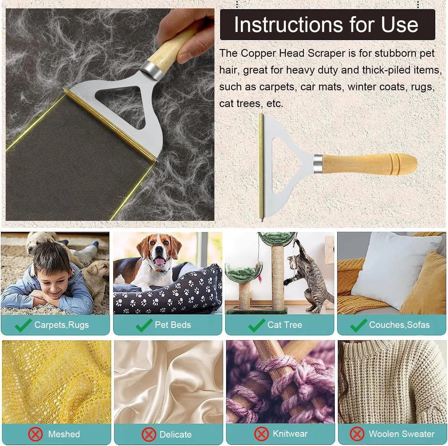 Three-piece pet hair remover set showing metal scraper, silicone brush, and round cleaner for household surfaces