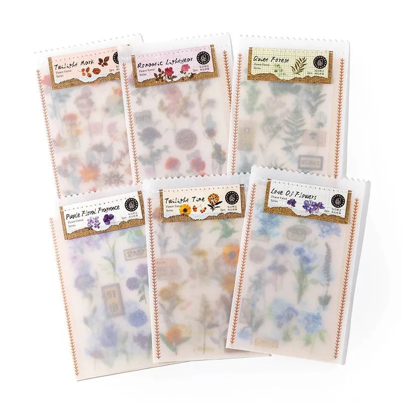 Huazhisen sticker pack showing six colour designs: Dusk Time, Fan Love Of Flower, Purple Flower Fragrance, Quiet Forest, Romantic Light Year, Twilight Mark.