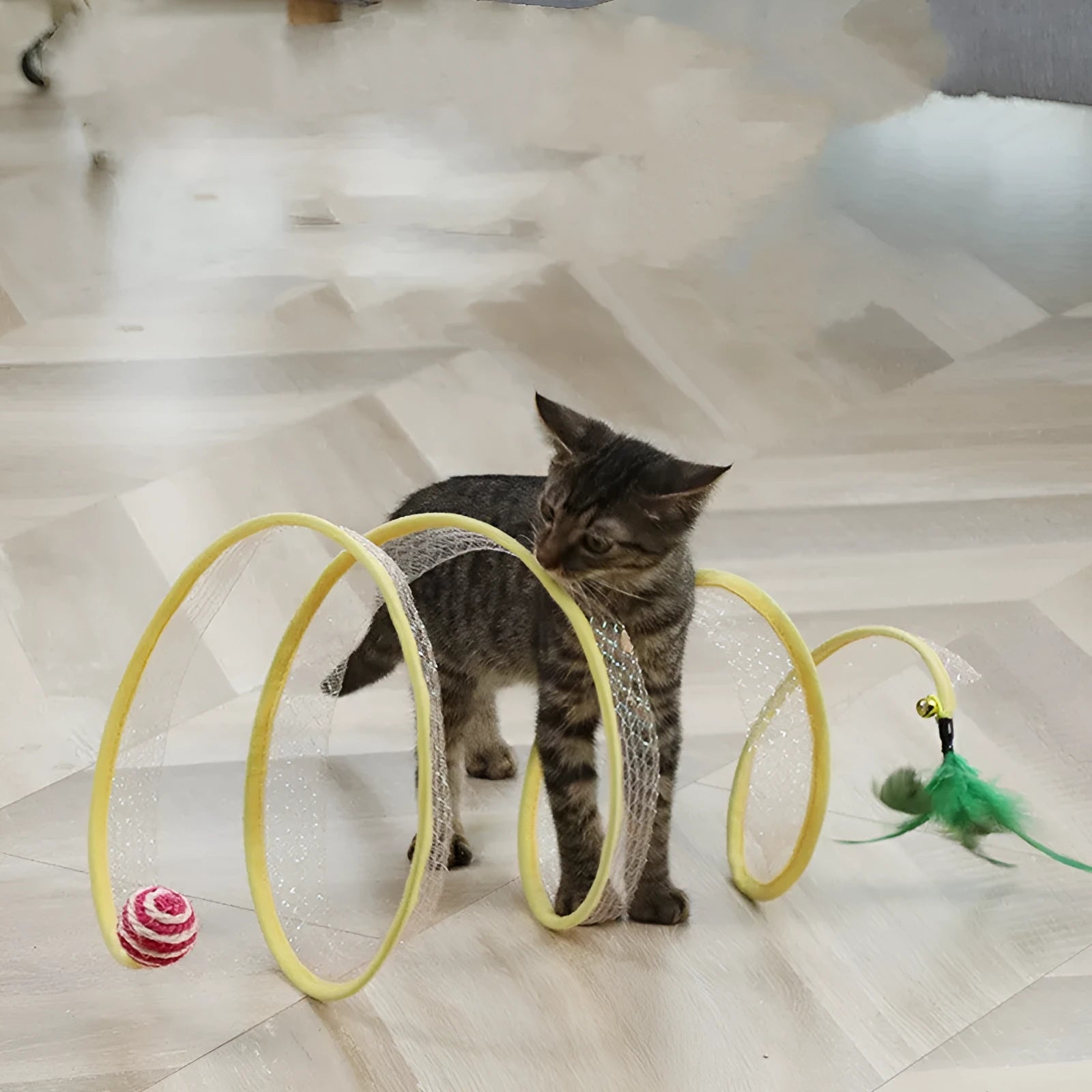 Foldable cat tunnel toy set with hanging feather and sisal ball toys, 50cm long