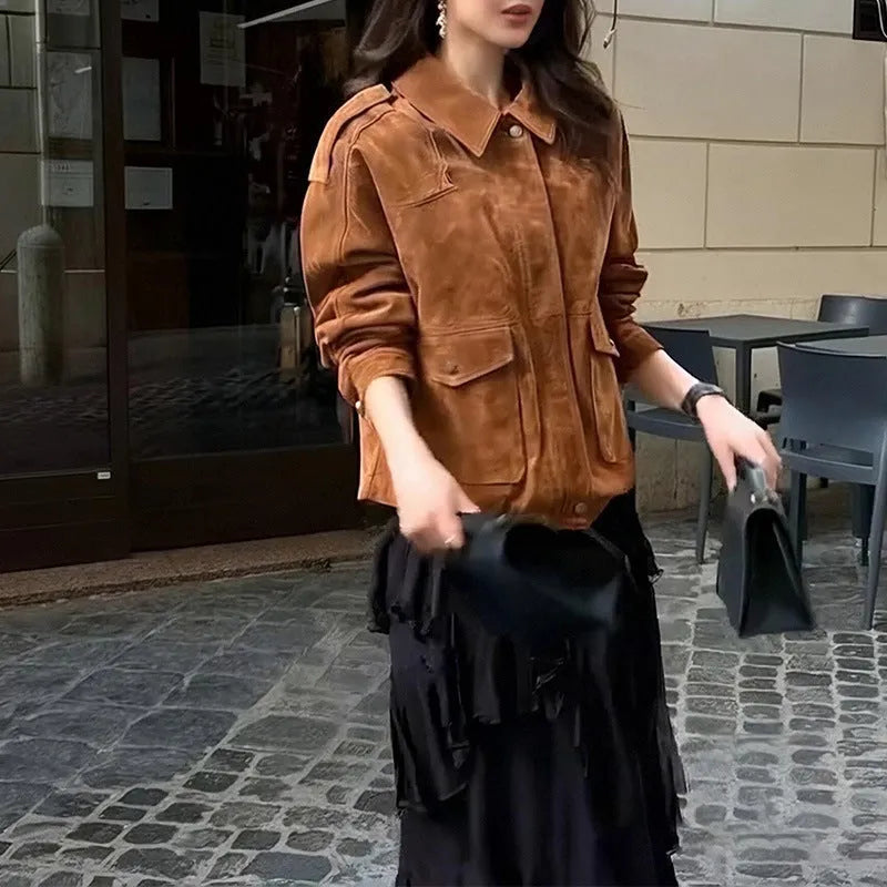 Women's brown polyester suede coat with regular sleeves and street chic styling