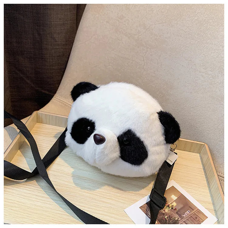 Plush cylindrical crossbody bag with panda head design measuring 18×15×8cm