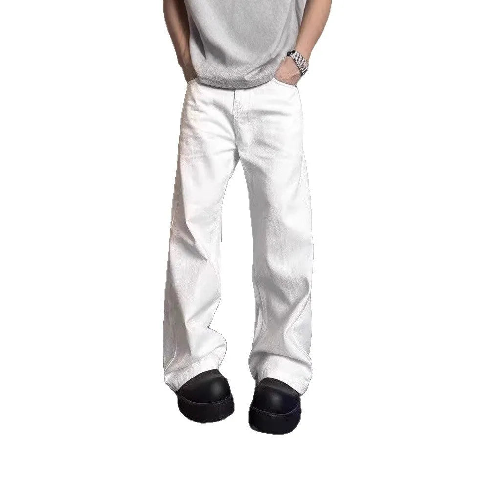 Men's straight leg white cotton denim jeans with wide leg opening and zipper fly