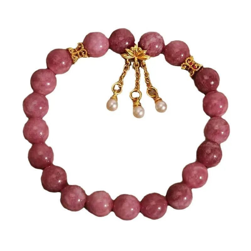 Pink lotus tassel natural stone beaded bracelet for women, New Chinese style.