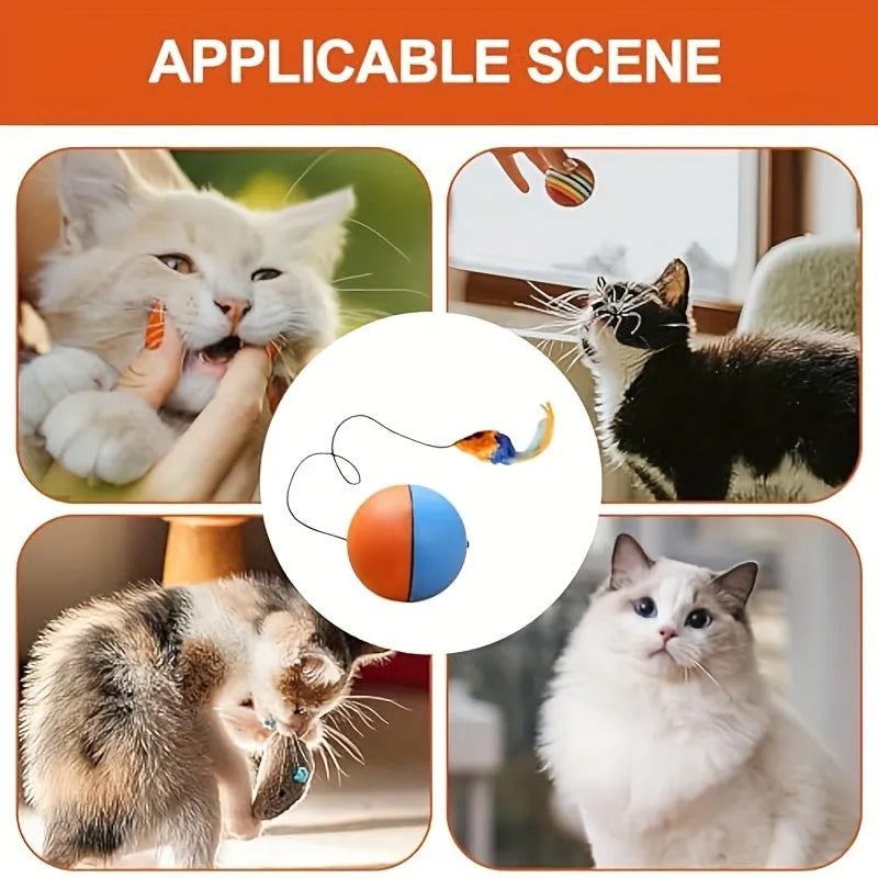 Blue and orange interactive cat toy ball with plush mouse design measuring 8.5cm diameter
