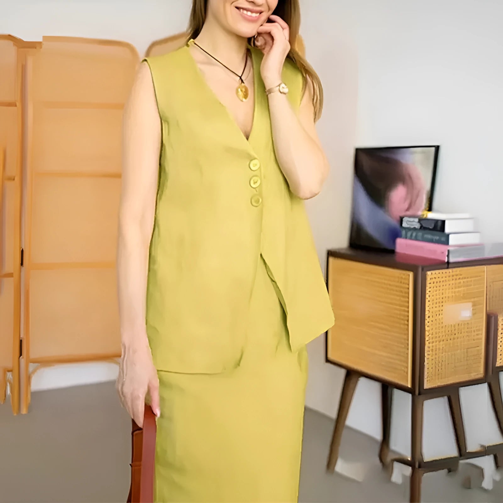 Women's casual white polyester vest and long skirt two-piece suit set on a hanger
