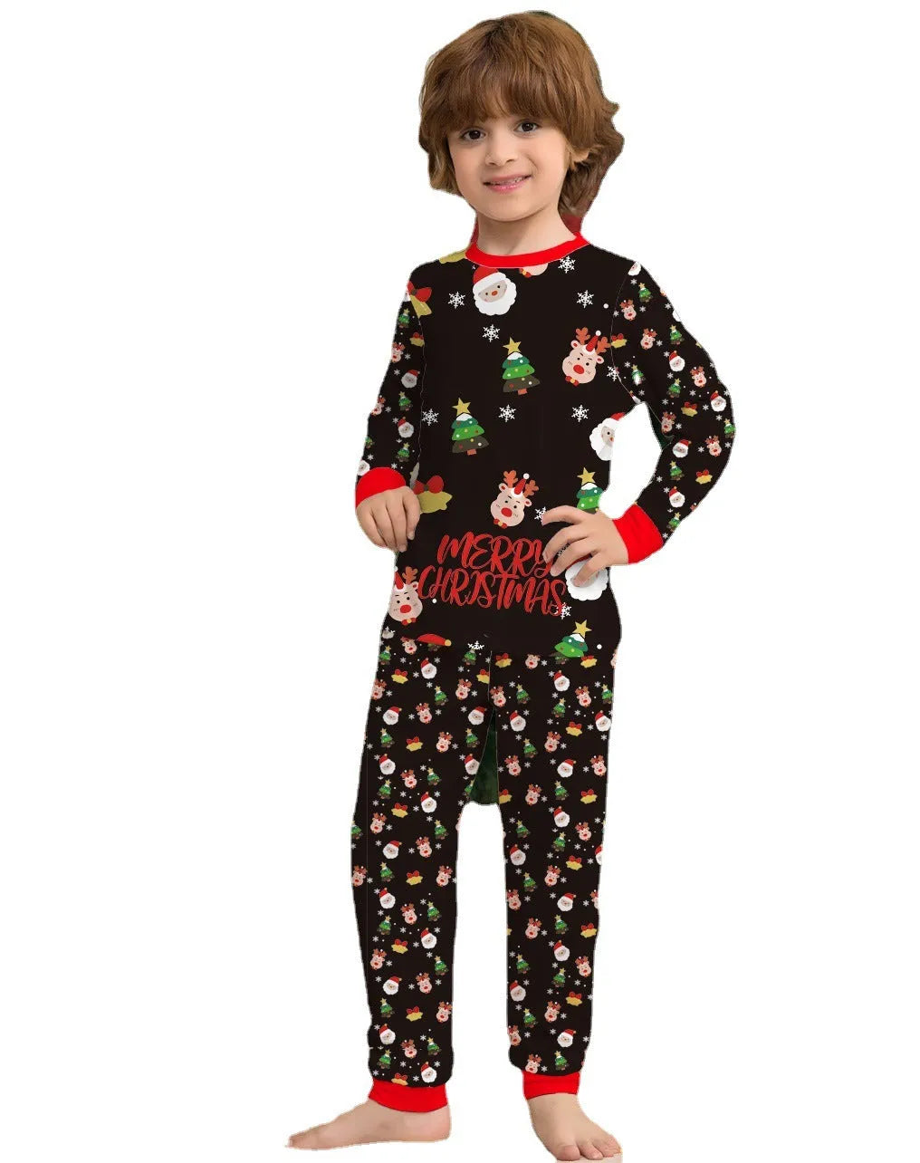 Family Christmas matching pajamas set in festive plaid and cartoon prints with dog sizes included