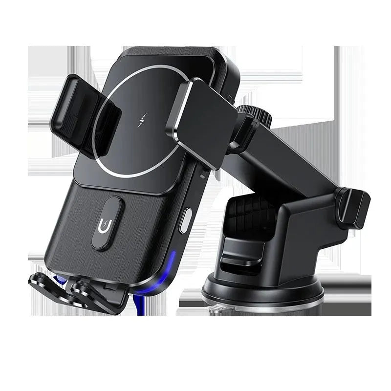 Black car wireless phone charger with 15W fast charging and clip or suction cup mount options