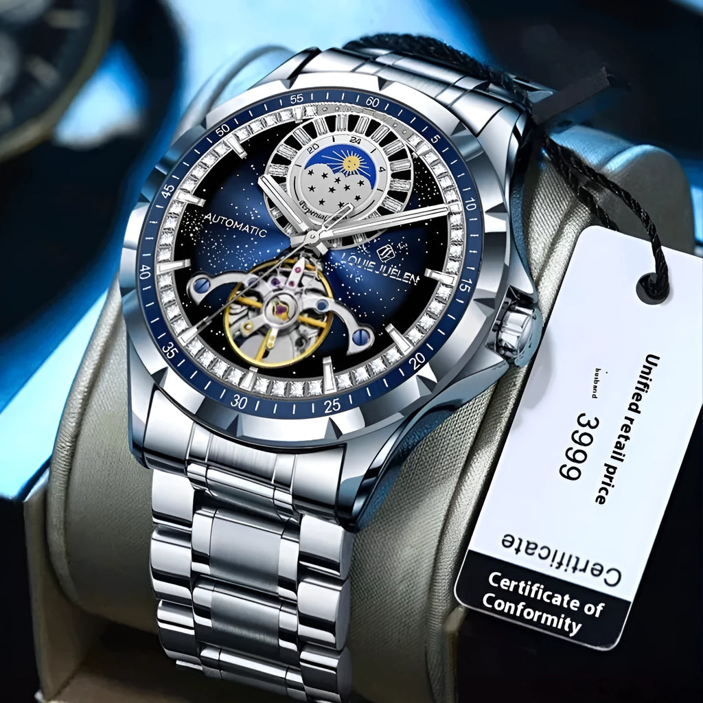 Men's silver automatic waterproof watch with blue dial and stainless steel strap