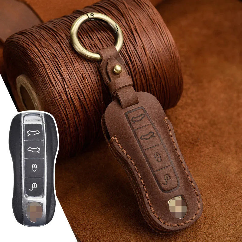 Genuine leather Porsche key cover with retro bag buckle in blue or brown for 3 or 4 keys