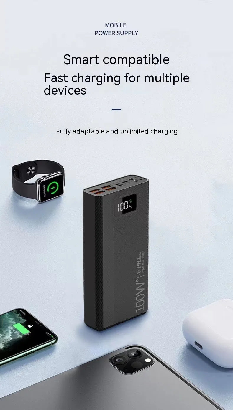 Large capacity power bank in black plastic shell showing front view with dimensions 150 x 76 mm