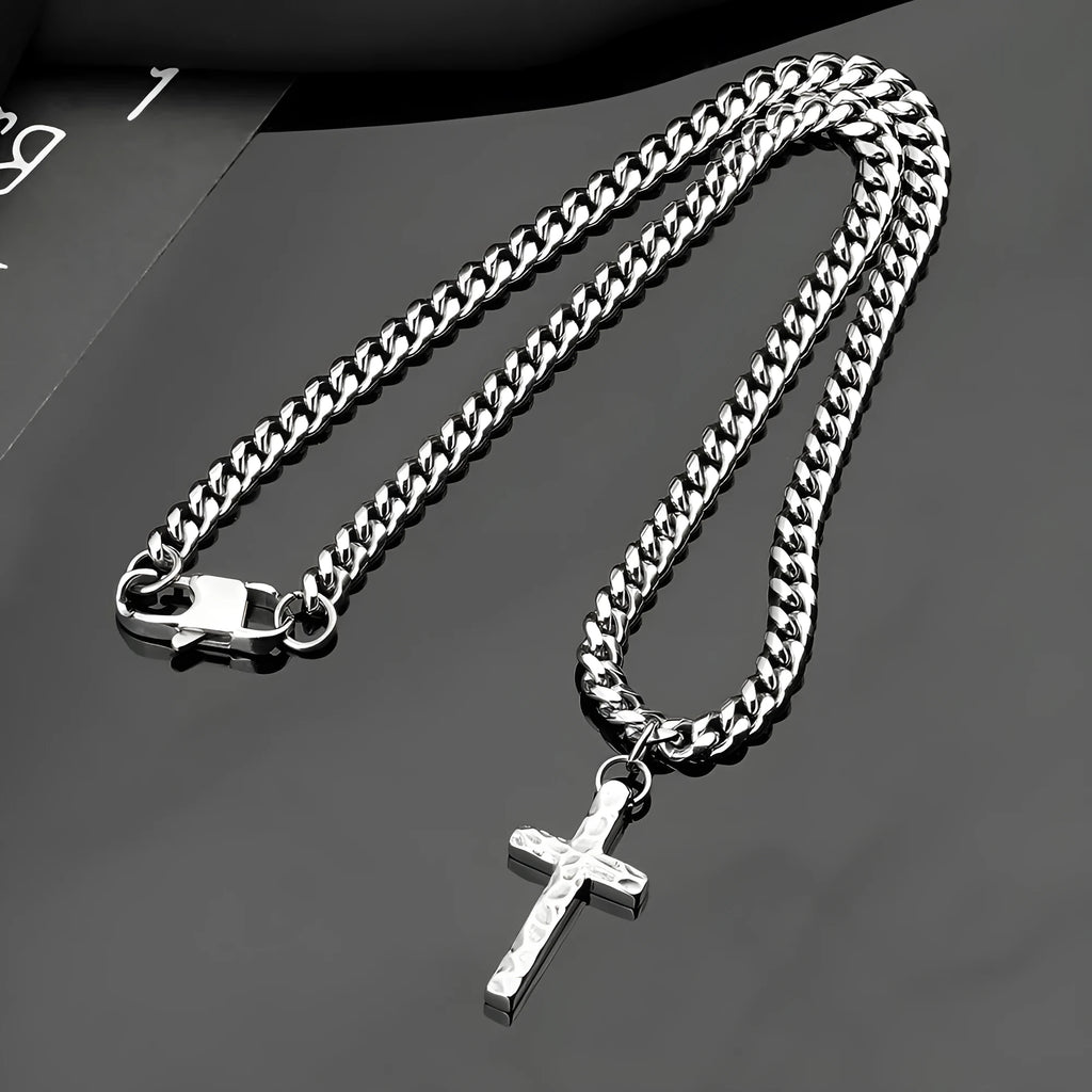 Titanium steel Cuban chain necklace in steel colour with geometric links on neutral background