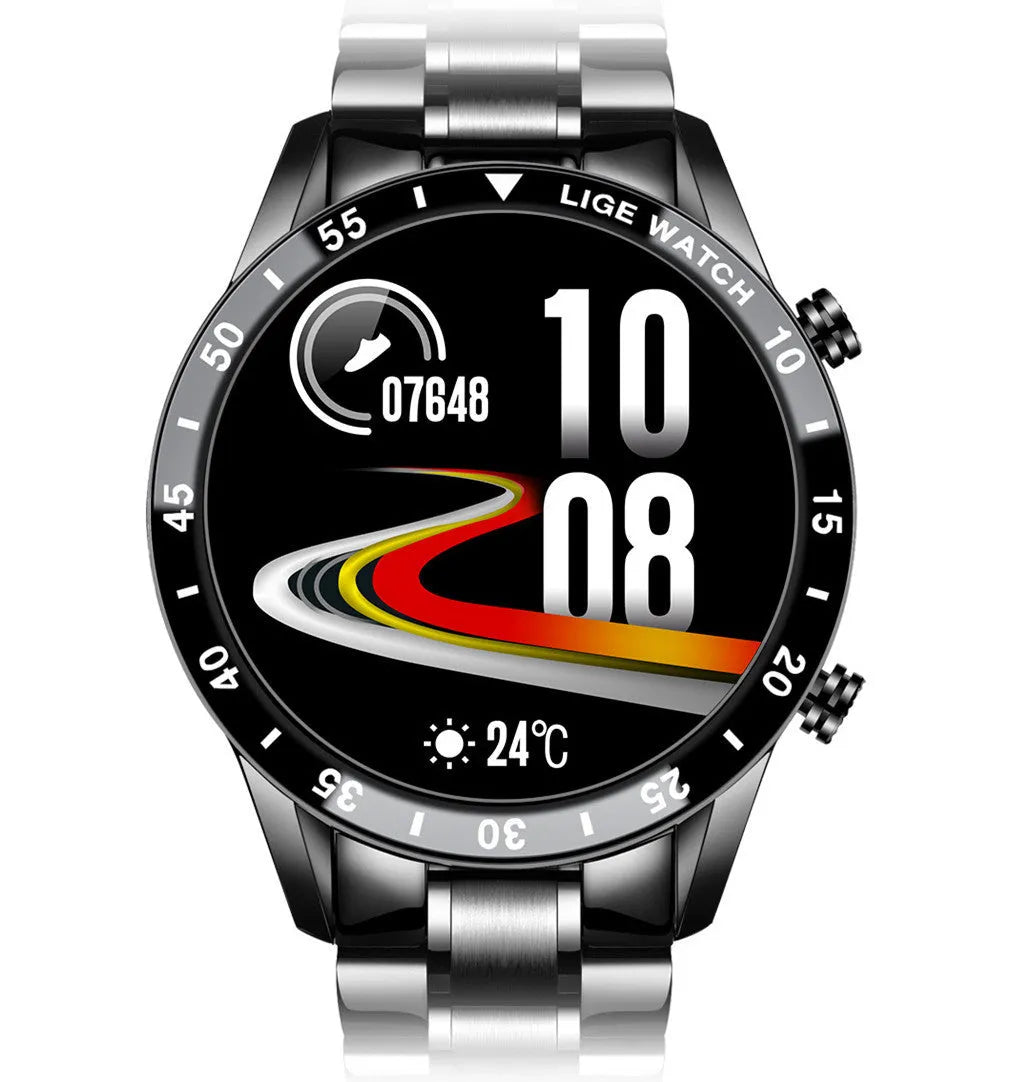 Stainless steel smart watch with black band and 1.3-inch touch screen display